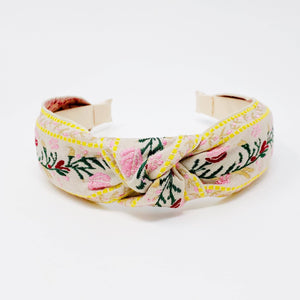 French Floral Embroidered Headband: Apricot